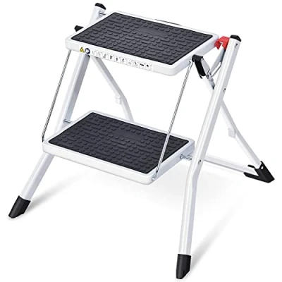 Immagine di KINGRACK Scaletta Pieghevole con Superficie in Gomma Antiscivolo, 2 Gradini Scala per Caravan, Leggero Acciaio, Fino a 150 kg, Bianco