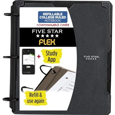 Immagine di Five Star Flex 29326AA2 Taccuino ricaricabile + app per lo studio, carta a righe College, anelli TechLock da 2,5 cm, tasche, linguette e divisori, capacità 200 fogli, copertina personalizzabile,