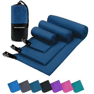 Immagine di Zenacross Asciugamano Palestra Set di 3 con Borsa per il Trasporto Microfibra a Rapida Asciugatura e Versatile Telo Taglie XS, S, M Blu Marino