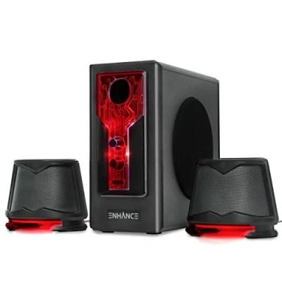 Immagine di ENHANCE SB 2.1 Altoparlanti per Computer con Subwoofer Casse Gaming LED Rosso, Sistema Audio ad Alta Escursione, Jack da 3.5mm, Controllo Volume e Bassi, Compatibili PC Gaming, Laptop