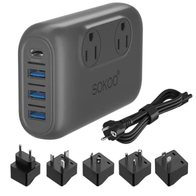 Immagine di Sokoo Voltage Converter Step Down 220V to 110V, International Travel Adapter/Power Use for EU/UK/AU/US/India, More Than 150 Countries. 2 Outlet, 4 Port USB Quick Charger 3.0 Grey