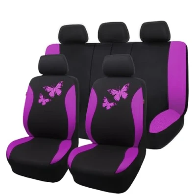 Immagine di Flying Banner Coprisedili per auto in rete traspirante, Motivo a farfalla colorata, protezione compatibile con airbag (Set completo, Viola)