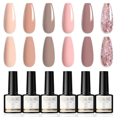Immagine di ROSALIND Smalto Semipermanente Unghie Rosa Nude Viola Glitter 6 Colori Smalti Gel per UV/LED Semipermanenti Soak Off Nail Polish 8ml