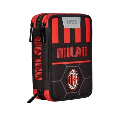 Immagine di Seven Astuccio Scuola 3 Scomparti, A.C. MILAN Calcio PATH OF VICTORY, Rosso Nero Portapenne Multi Scomparto Con Matite, Penne e Colori, Accessori Zaino, Zaino Bambino Ragazzo