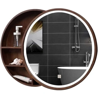 Immagine di Armadietto a Specchio Bagno Tondo con Luce da Trucco per Camera Letto in Legno Parete Contenitore Rotondo