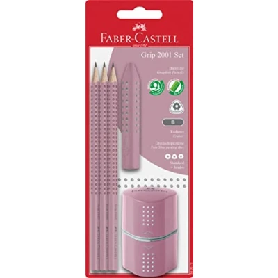 Immagine di FABER CASTELL, set di matite Grip 2001, 3 matite, durezza B, con gomma e temperino, rosa “rose shadows, 580073