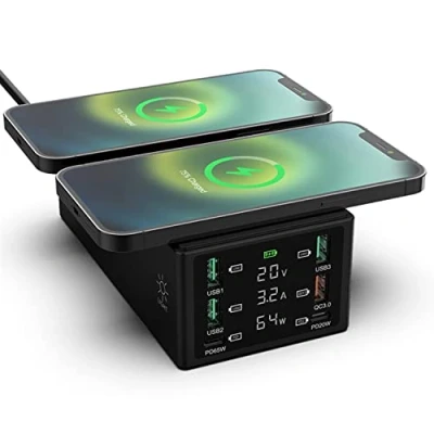 Immagine di Braveking1 150W 6 Porte Caricatore USB, Stazione di Ricarica con Doppio Wireless Base (QC 3.0 e PD), Multiplo USB LED Schermo Charger per iPhone iPad Samsung