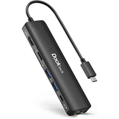 Immagine di Hub USB C Dockteck 7 in 1 DD0015 Adattatore Dock con Porta Type Thunderbolt 3 4K 60Hz HDMI + Ethernet Gigabit LAN RJ45 100W PD 2 3.0 SD/Micro SD per MacBook, iPad, Surface, Laptop