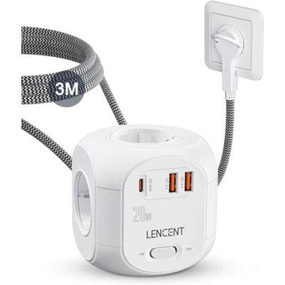 Immagine di LENCENT 7 in 1 Multipresa Cubo da 3 Metri, Spina Piatta, Multipla Presa di Corrente con 4 Prese AC(2500W 10A) e USB, PD 20W QC 3.0 Ricarica Rapida, Interruttore per Ufficio Casa