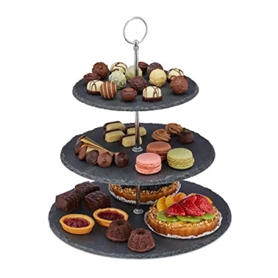 Immagine di Relaxdays 2X Alzata in Ardesia, 3 Piatti per Dolci, Snack e Frutta, Centrotavola con Manico Metallo, Antracite Argento