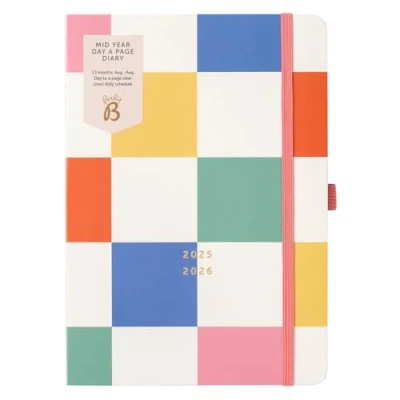 Immagine di Busy B A5 Day a Page Diary Mid Year Academic Planner Aug &#039;25 &#039;26 Multicoloured Journal Cover with Planner, Pen Loop, Notes, Timetables &amp; Elastic Closure