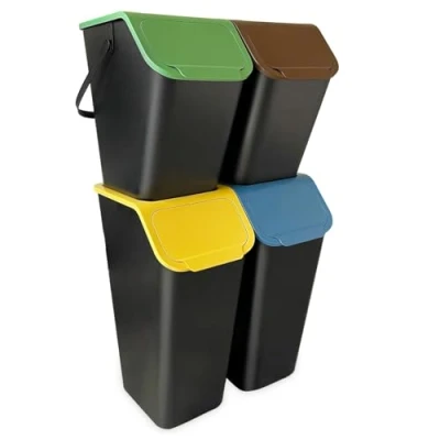 Immagine di Go Practic Set di 4 bidoni della spazzatura da cucina, 2 35 l con coperchio, 25 impilabili, funzione click