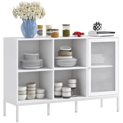 Immagine di HOMCOM Mobile Buffet con 4 Ripiani Aperti Regolabili e Armadietto Anta a Rete, Contenitore in Truciolato Acciaio, 120x37x81.5 cm, Bianco