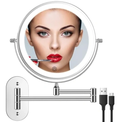 Immagine di Specchio da Trucco Illuminato Parete Ricaricabile, Doppio Lato Bagno con Iingrandimento 1x / 10x, Illuminazione a 3 Colori, Regolazione Touch Screen, Braccio Esteso, Rotazione 360