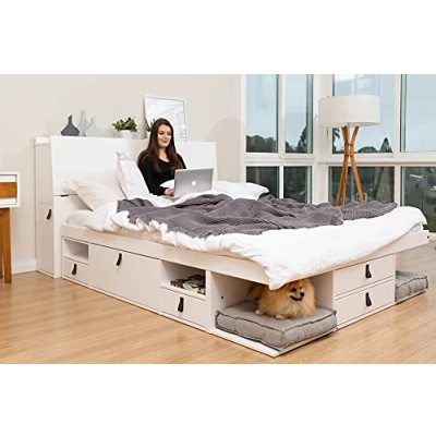 Immagine di Memomad Set Bali Bianco: Letto alla francese 140x200 + testiera 150 rete a doghe. e in MDF laccato bianco con molto spazio di stoccaggio cassetti, ideale per piccole stanze