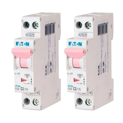 Immagine di EATON 264741 PLG4 C2/1N DISJONTORE MODULARE PH/N Bianco MANETTE ROSA 1P+N / 2A Curva C Connessione a vite 2 interruttori