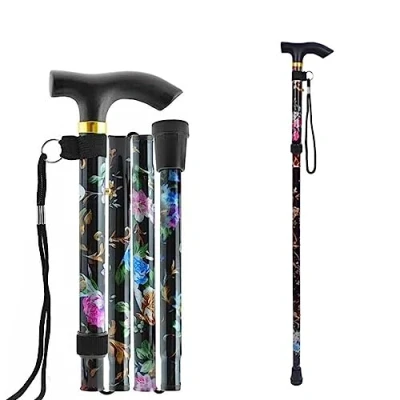 Immagine di Bastone per Anziani Pieghevole, da Passeggio flessibile Pieghevole Floreale nero Estensibile donna bastoni camminare Canna di alluminio Regolabile in Altezza