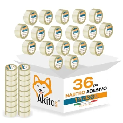 Immagine di AKITAInk Nastro Adesivo Per Imballaggi Pacchi 36 pcs 50x66 Metri da Imbalaggio Silenzioso, Fortemente e Resistente all&#039; Acqua. (36, TRASPARENTE)
