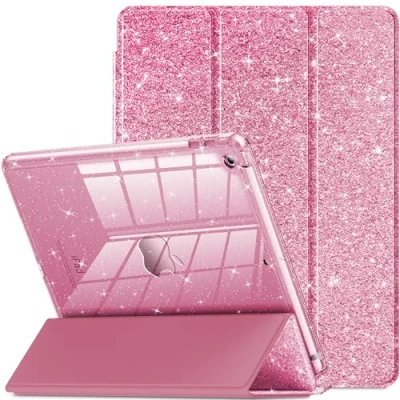 Immagine di INFILAND custodia per iPad 9a generazione 2021/iPad 8a 2020/iPad 7a 2019 da 10,2&quot;, glitterata con retro trasparente, portapenne bambine, rosa