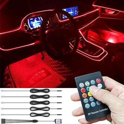 Immagine di TABEN Kit Luce Atmosfera Auto Sincronizzazione Musicale Multicolore RGB 16 Milioni di Colori 6 Metri Fibra Ottica USB Illuminazione Ambientale, Suono Attivo e Telecomando RF Wireless CC 12V