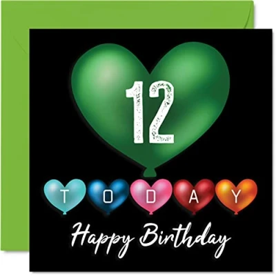 Immagine di Divertente biglietto di auguri per 12 compleanno ragazzi e ragazze, con palloncini a forma cuore, figlio, figlia, fratello, sorella, nipote, cugino, 145 mm x