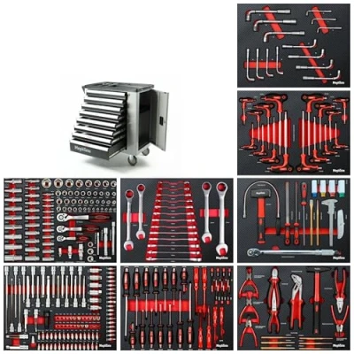Immagine di Mephisto Carrello portautensili 8 cassetti con attrezzi come chiavi inglesi, cricchetto scatola di noci, chiave a testa pipa ecc. in Soft Inlays Carbon Lock riempiti