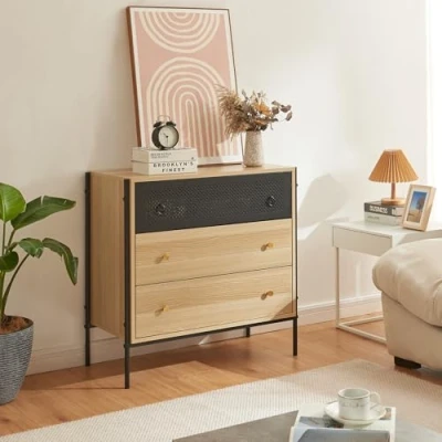 Immagine di [en.casa] Cassettiera Comò con 3 Cassetti Ampi Mobile Organizzatore per Soggiorno Camera da Letto Contenitore 80 x 40 cm Effetto Rovere/Nero