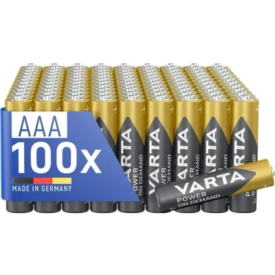 Immagine di VARTA Pile AAA, confezione da 100, Power on Demand, Alcaline, 1,5V, in imballaggio ecologico, per accessori computer, dispositivi Smart Home, Made Germany [Esclusivo su Amazon]