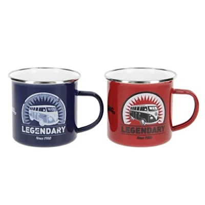 Immagine di Brisa VW Collection Volkswagen Set di 2 tazze in metallo smaltato da tè, caffè, latte, cappuccino, Campervan Bus T1 design (Rosso &amp; Blu/350ml)