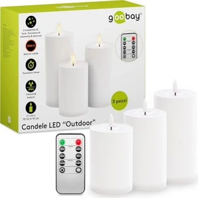 Immagine di goobay 64786 Set di 3 candele a LED con telecomando/luci elettriche per esterni, fiamma tremolante realistica, funzione timer, senza fiamma, funzionamento batteria/bianco