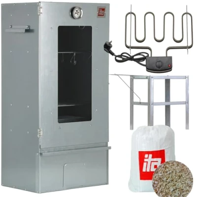Immagine di ITA Set Affumicatore Elettrico 7000 con Riscaldamento, Tavolo e Termometro, Armadio Finestra, Acciaio Legato, Qualità EU, Direttamente dal Produttore 81 cm 3 Ripiani