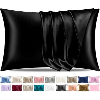 Immagine di Pamposh federe in raso di seta per capelli e pelle, confezione da 2 pezzi, dimensioni standard con chiusura a busta (2 (50 x 75 cm), colore: nero