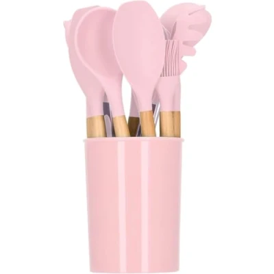 Immagine di MF artSHOP Mestoli Da Cucina in Silicone, Set 12 Pezzi, Utensili Per Cucinare, Antiaderenti, Manico Legno Appendibili Resistenti al Calore (Rosa)