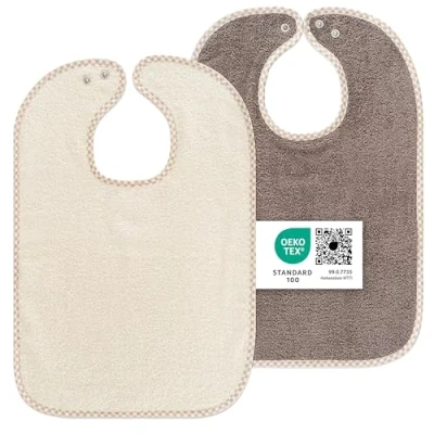 Immagine di Bavaglini Pappa Grandi Bavette con Bottone a Pressione (2 pezzi) 30x46 cm 100 % cotone spugna testato Öko Tex Standard beige marrone