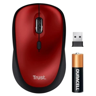 Immagine di Trust Yvi+ Mouse Wireless Silenzioso con Design Sostenibile, 800 1600 DPI, per Mano Sinistra e Destra, Microricevitore USB, Senza Fili Compatto PC, Computer, Laptop, Mac Rosso