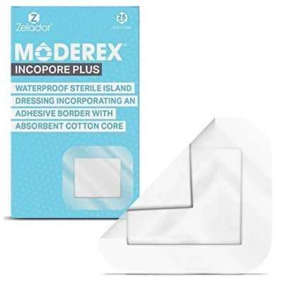 Immagine di Medicazione sterile autoadesiva impermeabile, senza lattice, con bordo trasparente e tampone assorbente 100% cotone, 25 pezzi