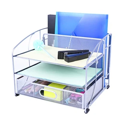 Immagine di Exerz Organizzatore Da Scrivania In Rete Forniture Per Ufficio 3 Vassoi/Portadocumenti Tavolo Con Cassetto Scorrevole E Supporto Cartelle Sospese/Selezionatore Di Carta (Argento Nuovo)
