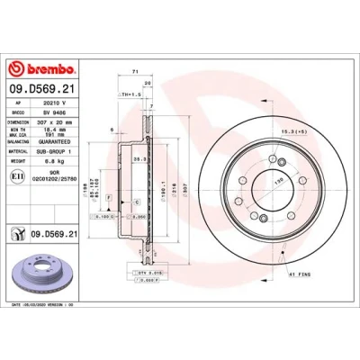 Immagine di BREMBO 09.D569.21 Disco freno 307 20 5 ventilazione interna rivestito SSANGYONG: Rodius I