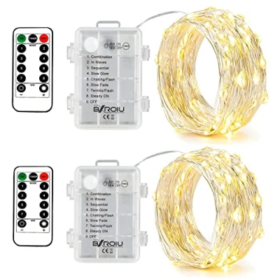 Immagine di BXROIU 2 x 50 LEDs Stringa Luci a Batteria,Catene Luminose Filo d&#039;Argento 5M,8Modalità,Timer e Telecomando,per Interni ed Esterni,Feste,Matrimoni,Giardino Decorazione Natalizia(Bianco Caldo)
