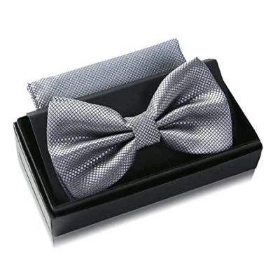 Immagine di Papillon grigio con fazzoletto da uomo Set abito per matrimonio regolabile in argento
