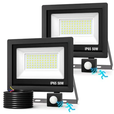 Immagine di Realky 50W Fari Led da Esterno con Sensore di Movimento 2 Pezzi, IP65 Impermeabile Faretto 5000LM, 72 6500K Bianca Fredda Interna ed Esterna per Giardino Cortile Garage