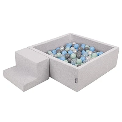 Immagine di KiddyMoon Area di Gioco in Schiuma con Quadrato Piscina Palline (200 Palline) per Bambini, Grigioch:Perla/Grigio/Trasparente/Azzurro/Menta