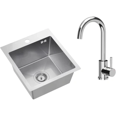 Immagine di VBChome Lavello da incasso in acciaio inox con rubinetto, 40 x 45 cm, spazzolato, foro per inox, scarico grande, sifone cromato argento