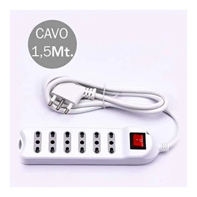 Immagine di Multipresa con Cavo 1,5mt 6 Prese 10/16A Bipasso Interruttore Luminoso e Spina 16A, Bianca