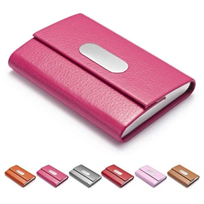 Immagine di FACATH porta biglietti da visita donna, in pelle PU e acciaio inox, metallo con chiusura magnetica, colore: Rosso rosa