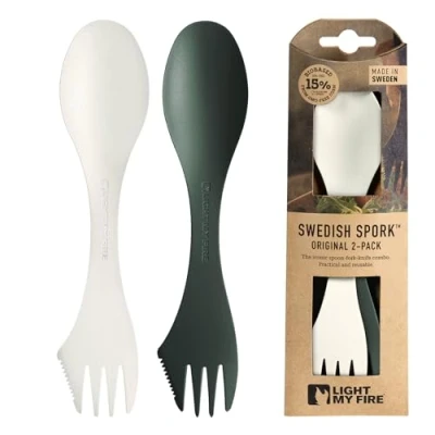 Immagine di Swedish Spork Original paquete Set Posate Viaggio 2 Sporks da 3 in 1 Forchetta Cucchiaio Coltello Campeggio Plastica Riutilizzabili (2pack SageGreen/Cream)