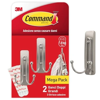 Immagine di Command Gancio Adesivo Metallico Doppio in Nichel Spazzolato Grande, 2 Ganci e 3 Strisce Appendi Abiti, Cappelli, Borse Altro da Parete o Porta senza Chiodi