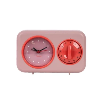 Immagine di Fisura Timer da cucina retrò rosa. analogico 60 minuti. multifunzione con orologio e funzione sveglia. originale. Pomodoro.