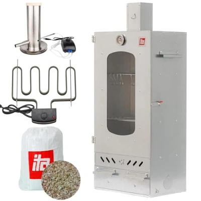 Immagine di ITA Affumicatore Elettrico 7012 Set Smoker con Riscaldamento, Generatore di Fumo Armadio Finestra e Camino Acciaio Legato Qualità UE, Diretto dal Produttore 81 cm 3 Ripiani