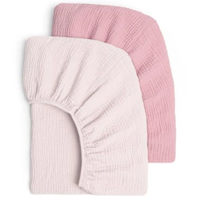 Immagine di lulumoon Set di 2 lenzuola carrozzina neonato con angoli elasticizzati per bambini, lettino 60x120 cm in cotone mussolo, culla 70 x 140 cm, biancheria da viaggio rosa pallido